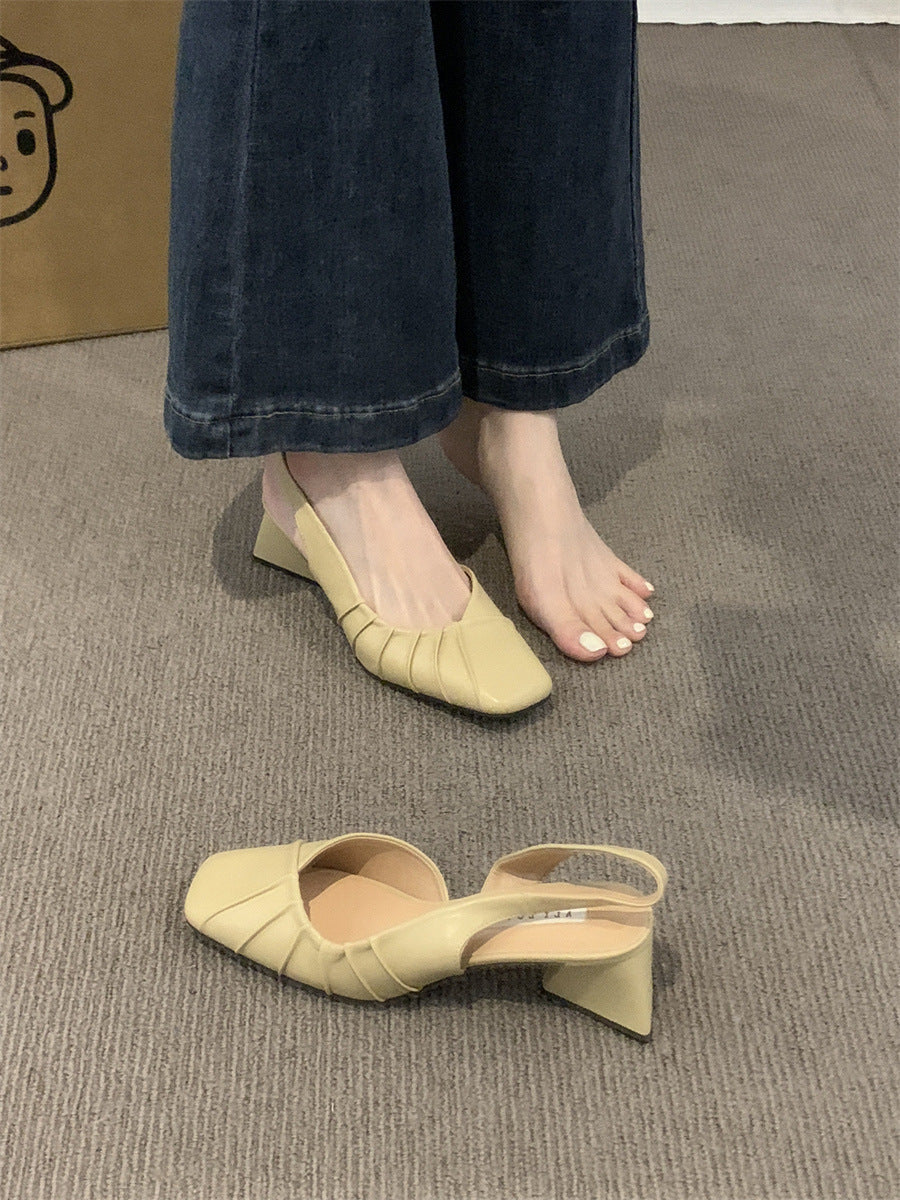 2024Spring Summer New High Heel Closed Toe Backless Sandals Women's Shoes Chunky Heel Shallow Mouth French Gentle Style Single Shoes Women's Shoes