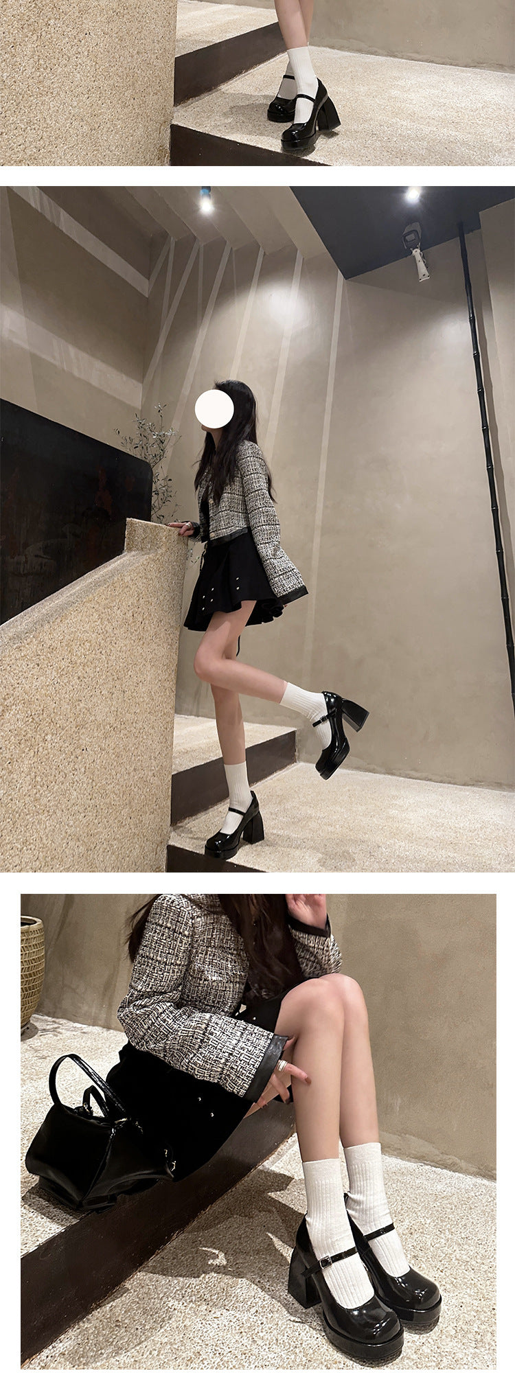Black thick high heels2023New Style One-Strap Mary Jane Shoes Shallow Mouth Single Shoes for Women Round Toe