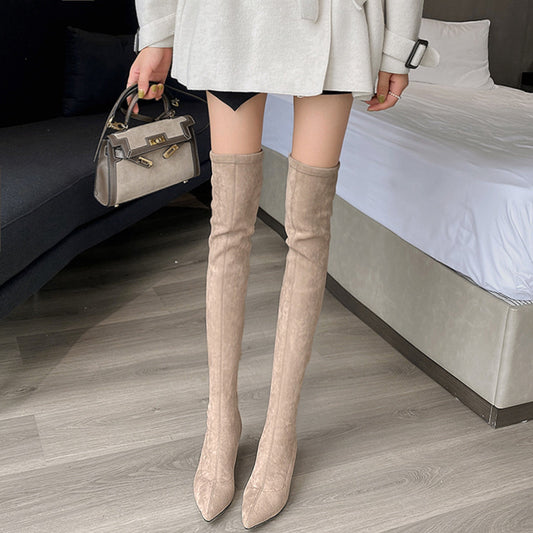 Long Boots for Women, Stretch Long Boots, Pointed Toe High Heel Boots, Over-the-Knee Boots, Suede High Boots, Khaki Color