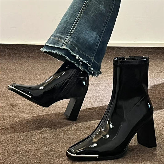 Kendall Jenner Style Short Boots for Women2023New Autumn Winter Square Toe Patent Leather Chunky Heel Short Slimming High Heel Boots