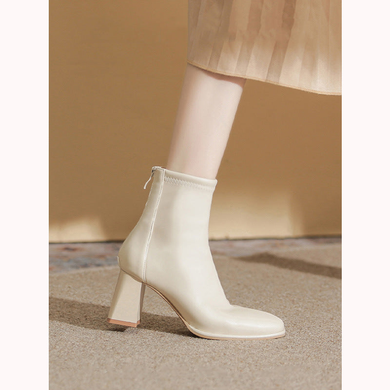 Women's White Martin Boots2024New Spring and Autumn Thick Heel Short Boots British Style Women's Slim Winter Fleece Boots