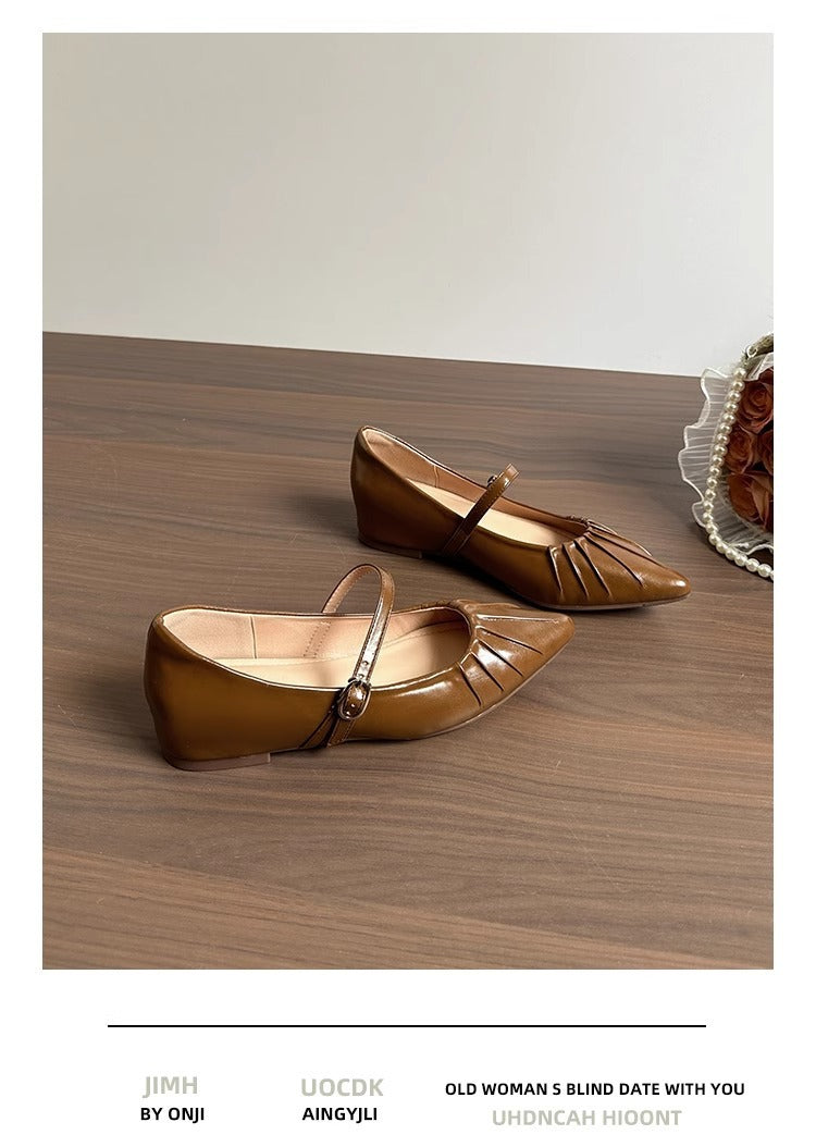 Height Increasing Insole Women's Shoes2024Summer New Retro One-Strap Mary Jane Pleated Pointed Toe Shoes
