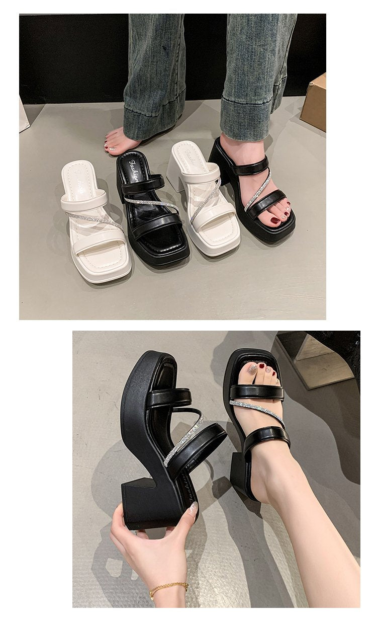 Solid Color Rubber Chunky Heel PU High Heel Slippers