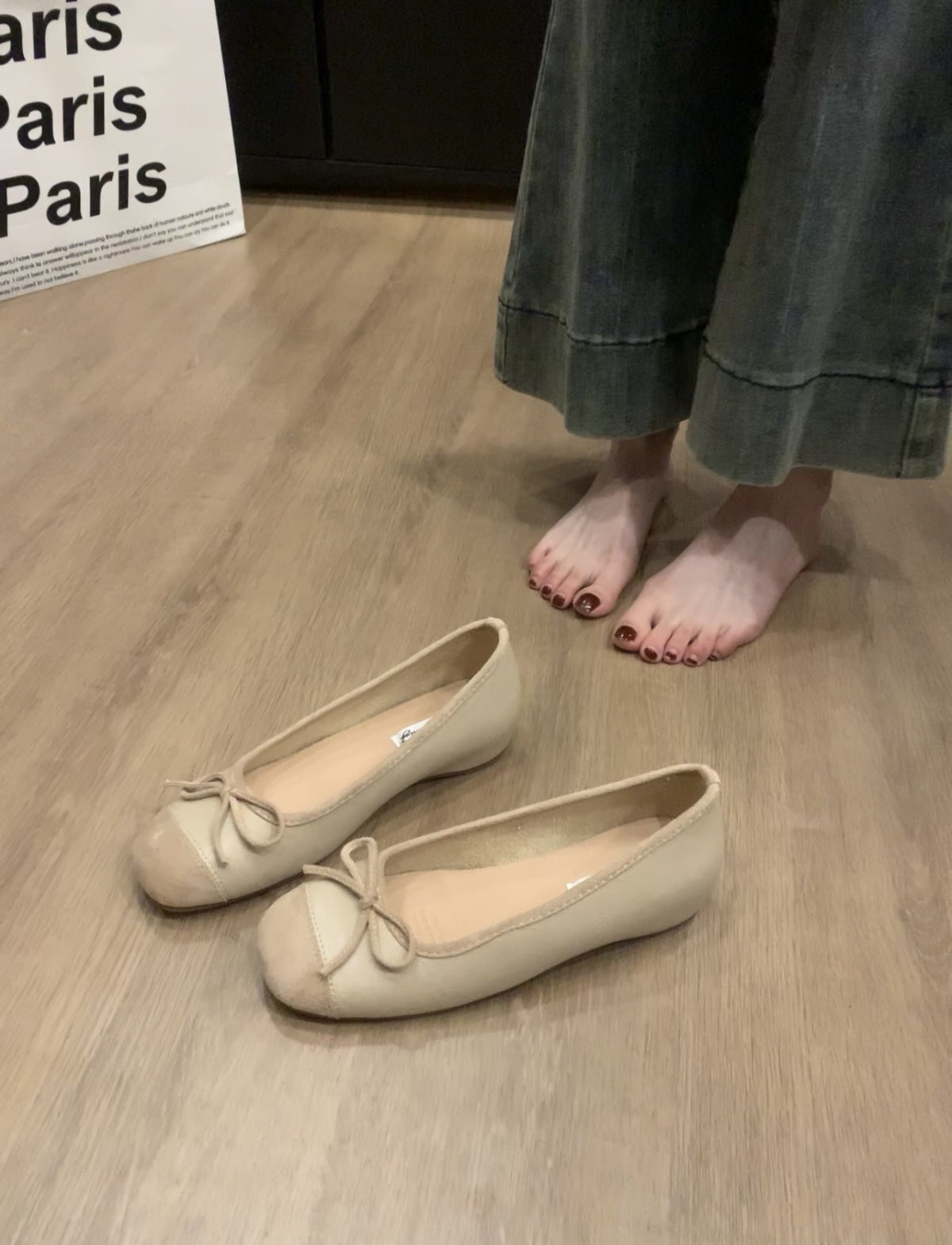 Women's French Style Shoes with Hidden Wedge2025Spring and Autumn New Suede Bowknot Slip-On Light Mouth Apricot Evening Shoes