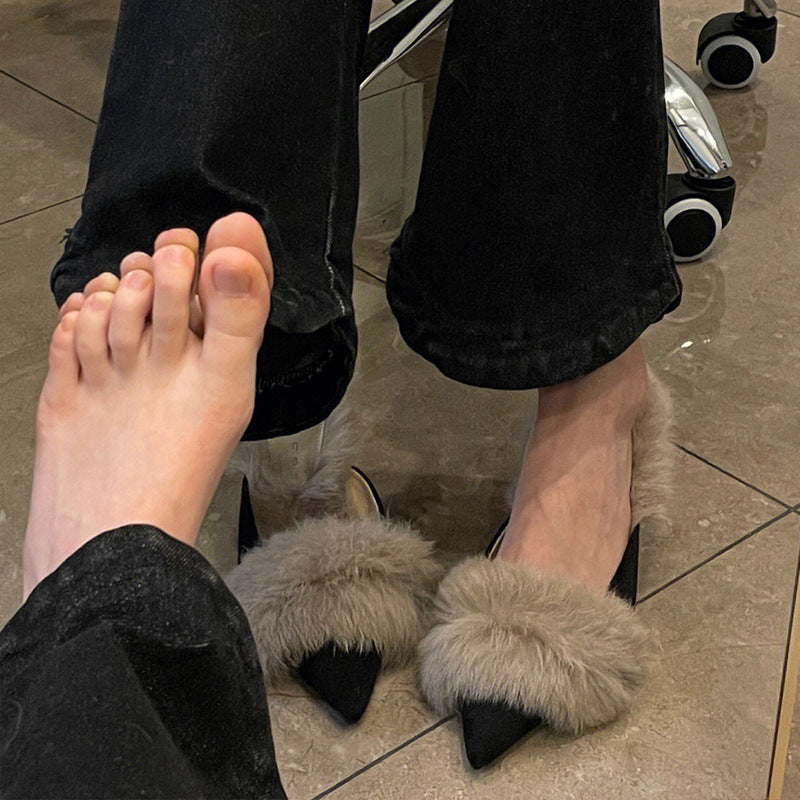 Autumn and Winter2024New Pointed Toe Furry Warm Thin Heel High Heel Mules Women Closed Toe Mules Slippers