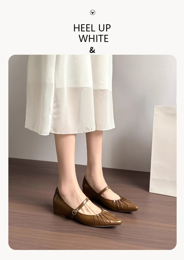 Height Increasing Insole Women's Shoes2024Summer New Retro One-Strap Mary Jane Pleated Pointed Toe Shoes