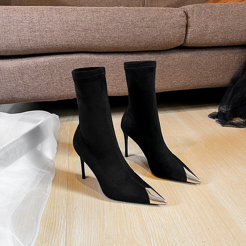 Black pointed toe stiletto high heel ankle boots for women2024New Autumn and Winter Elastic Slim Boots Mid-Calf Sock Boots Single Boots