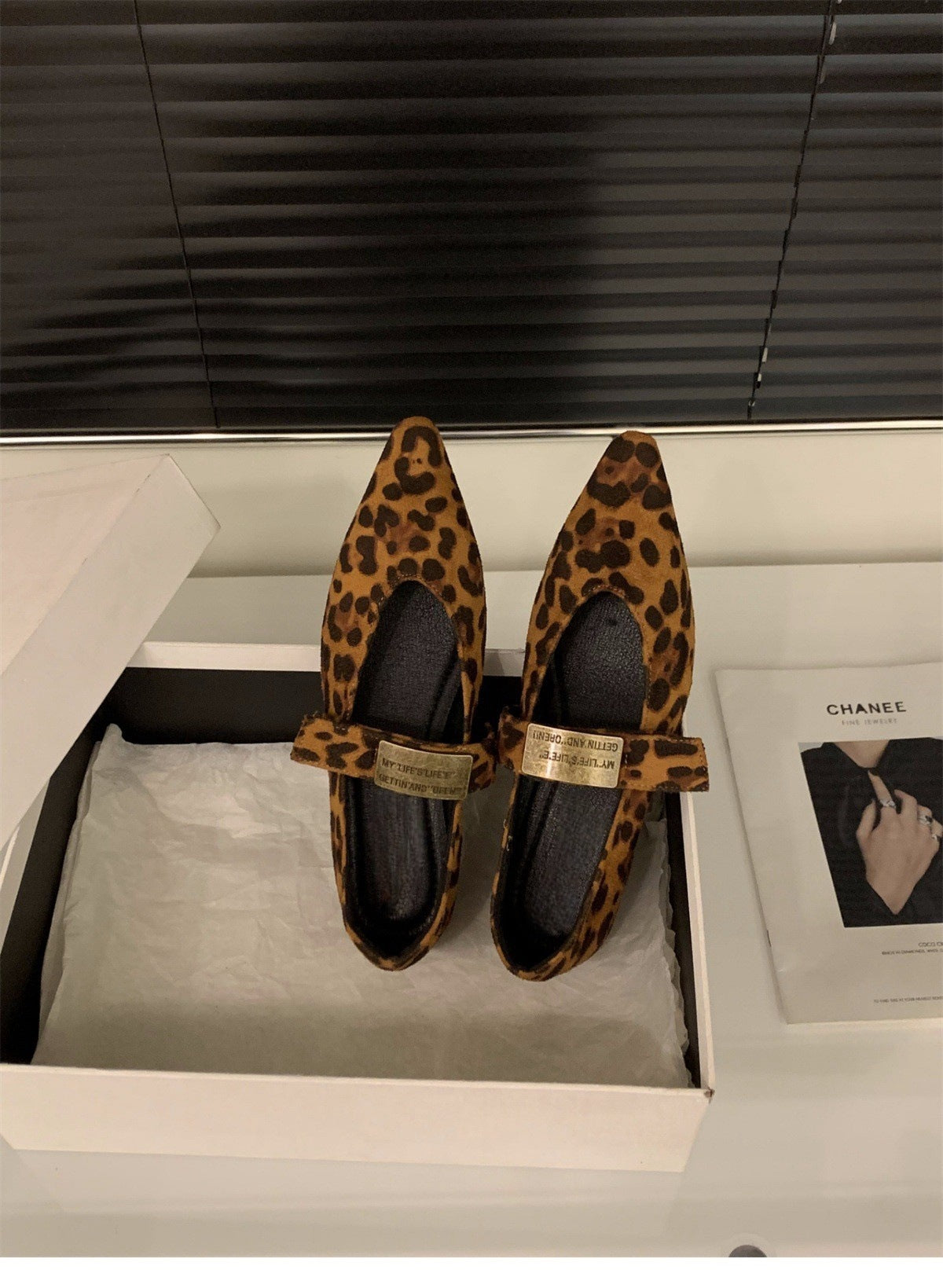 Red Pointed Toe Mary Jane Shoes with Hidden Wedge for Women2024New Spring and Autumn French Leopard Print Small Shoes