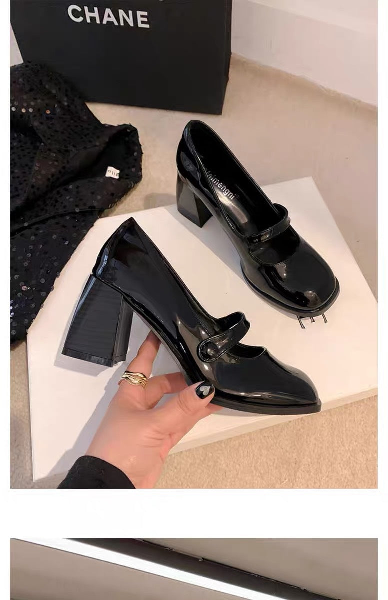Mary Jane High Heels2023New Year's New Small Thick Heel French Style One-Strap Retro Single Shoes