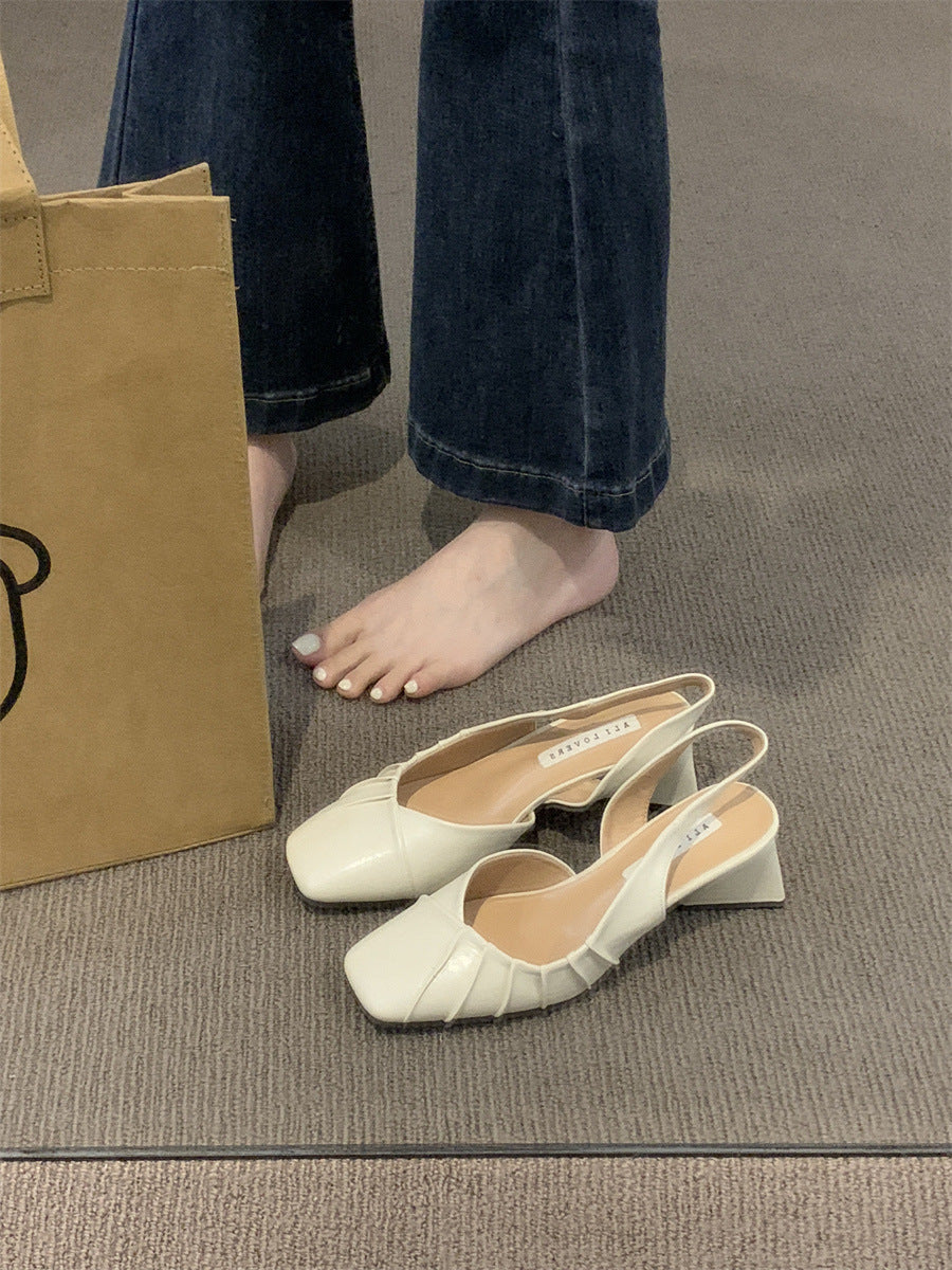 2024Spring Summer New High Heel Closed Toe Backless Sandals Women's Shoes Chunky Heel Shallow Mouth French Gentle Style Single Shoes Women's Shoes
