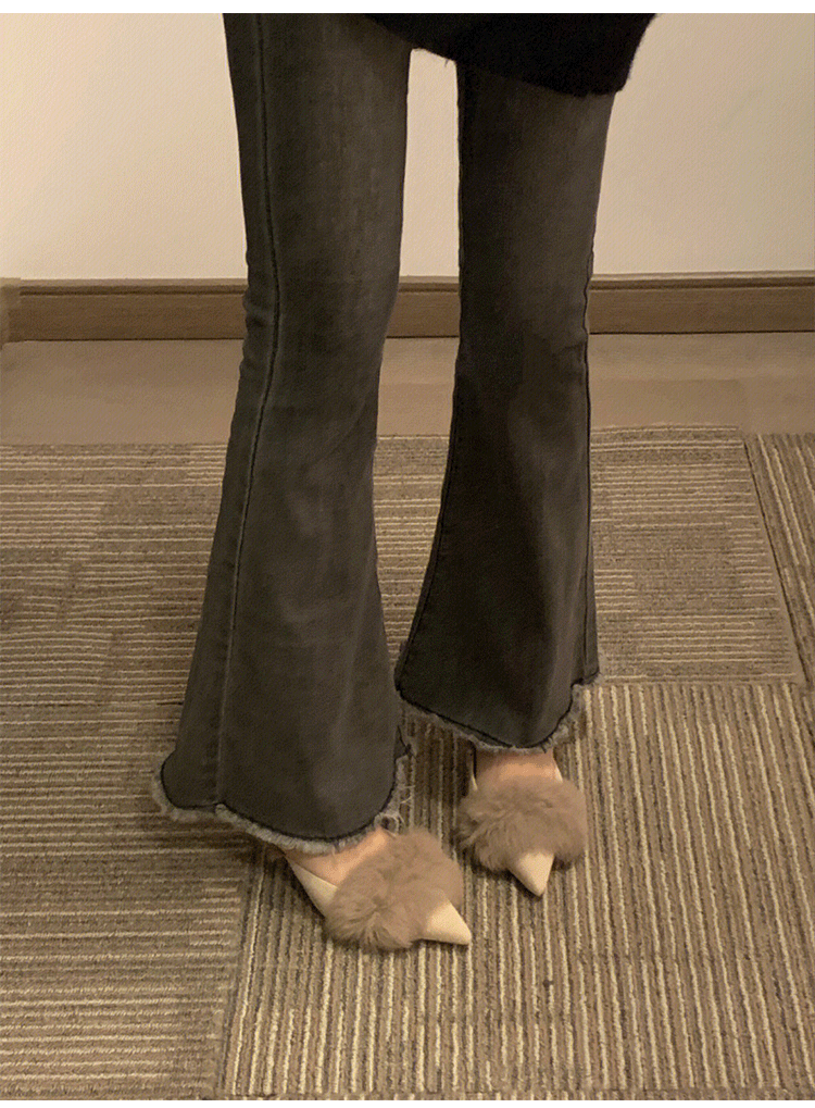 Autumn and Winter2024New Pointed Toe Furry Warm Thin Heel High Heel Mules Women Closed Toe Mules Slippers