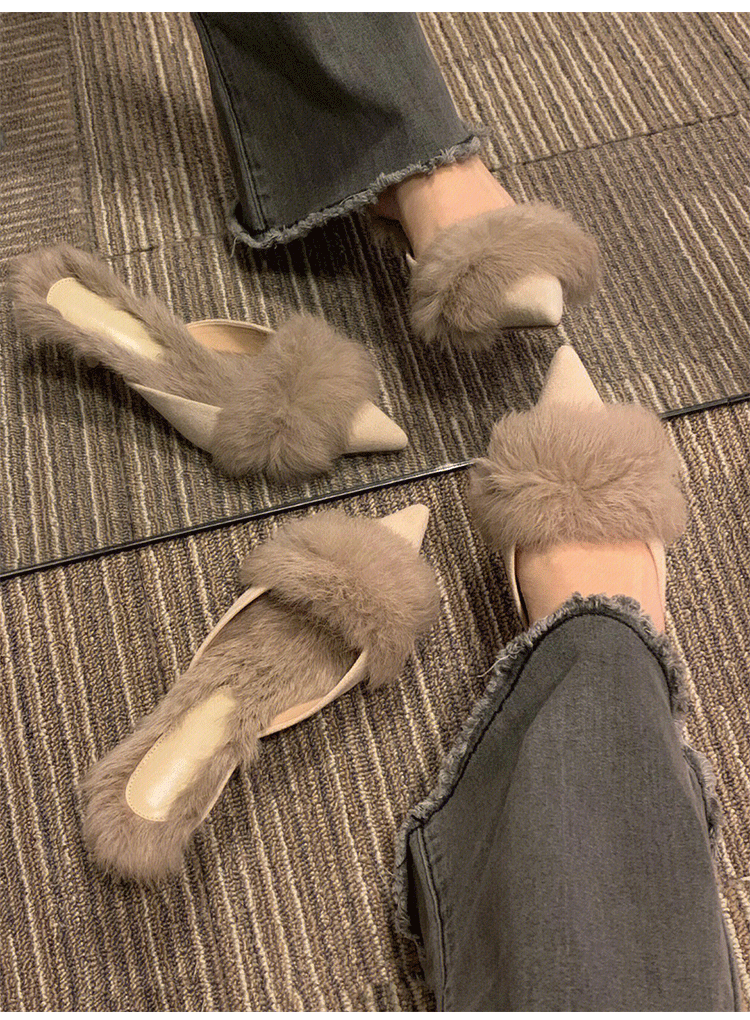 Autumn and Winter2024New Pointed Toe Furry Warm Thin Heel High Heel Mules Women Closed Toe Mules Slippers
