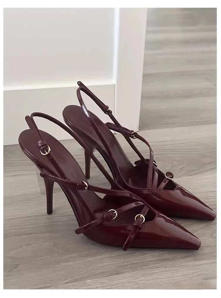 2024New Patent Leather One-Strap Cat Heel Closed-Toe Sandals Sexy Black Silk Pointed Toe Stiletto High Heels for Women