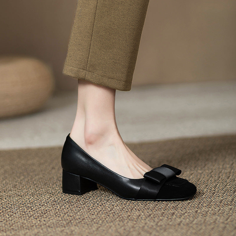 French style color-blocking high heels for women2024Spring and Autumn New Style Chunky Heel Bow Retro Mid-Heel Single Shoes