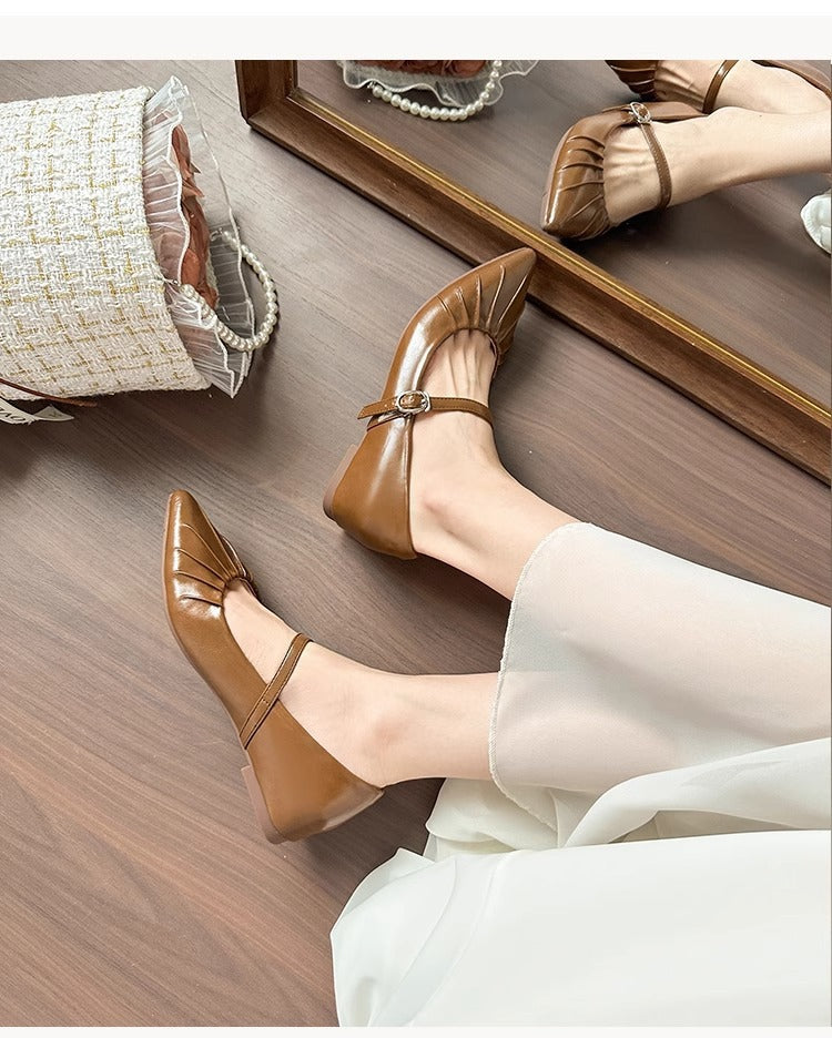 Height Increasing Insole Women's Shoes2024Summer New Retro One-Strap Mary Jane Pleated Pointed Toe Shoes