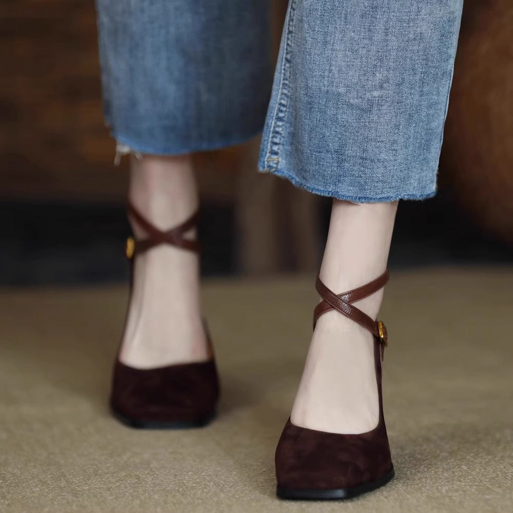 Women's retro square toe high heels2023Autumn and Winter New Suede Leather Patchwork Chunky Heel Cross Buckle Mary Jane Shoes