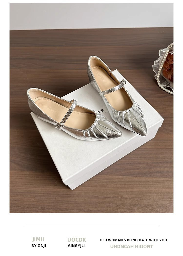Height Increasing Insole Women's Shoes2024Summer New Retro One-Strap Mary Jane Pleated Pointed Toe Shoes
