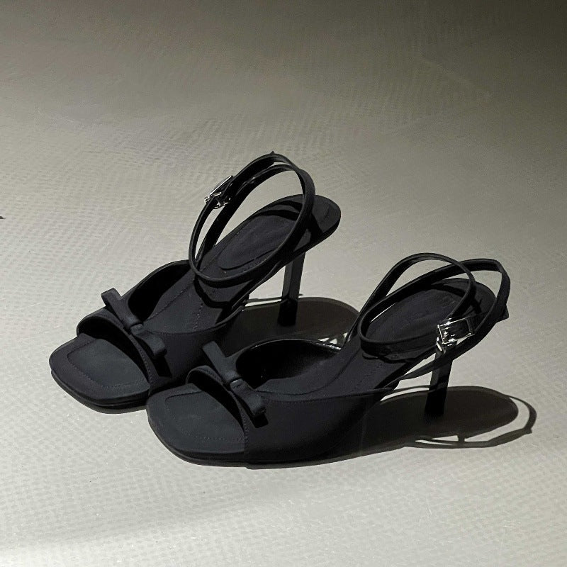 Ankle Strap silver Satin Bow High Heel Sandals Thin Heel Open Toe Women's Sandals Elegant