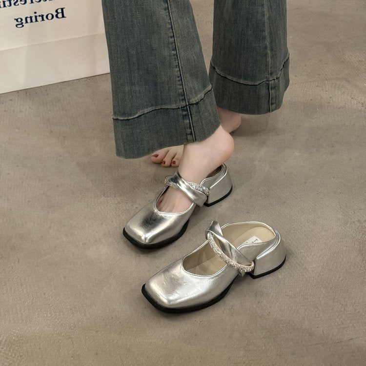 Middle Heel(3-5cm)Slippers PU Closed Toe Chunky Heel Rubber