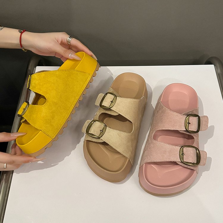 Solid Color Rubber Mid Heel(3-5cm)Platform Sole Suede Slippers