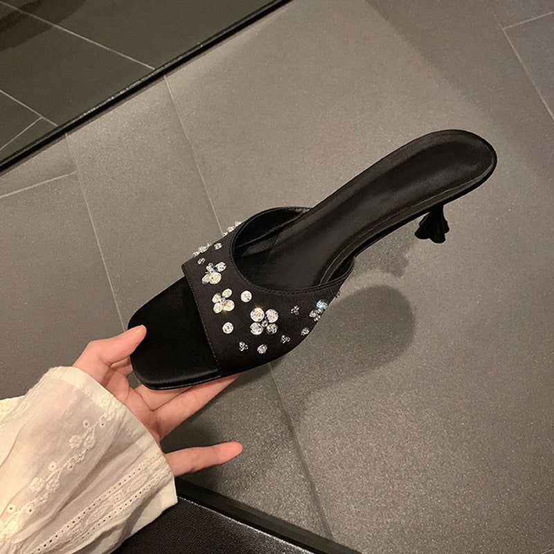 French Style Square Toe One Strap High Heels Petal Rhinestone Satin Kitten Heel Sandals for Women Summer Outdoor Wear