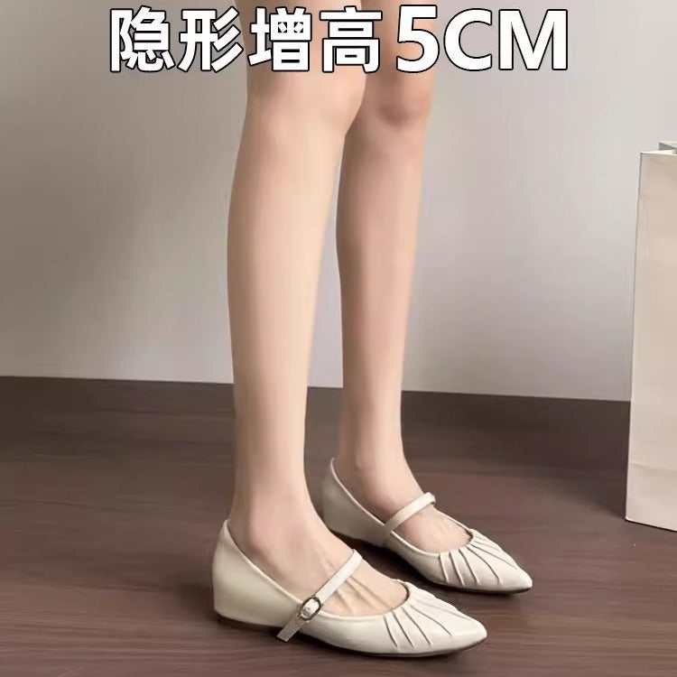 Height Increasing Insole Women's Shoes2024Summer New Retro One-Strap Mary Jane Pleated Pointed Toe Shoes