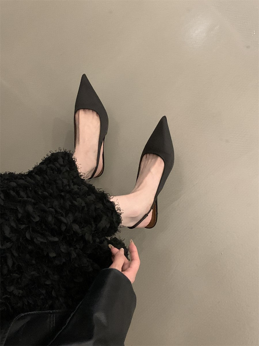 Niche high-end closed-toe sandals for women2024New Spring and Autumn Style Thin Heel Comfortable Pointed Toe Backless Single Shoes