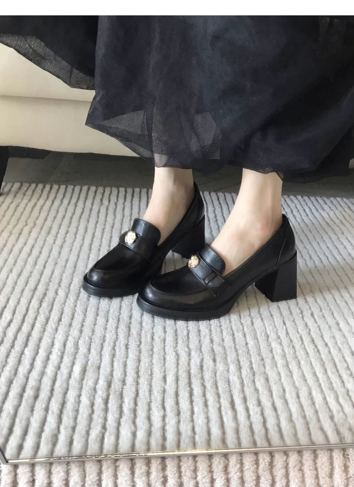 Camellia Loafers for Women2024New French Style Chunky Heel Black High Heel British Style Small Leather Shoes