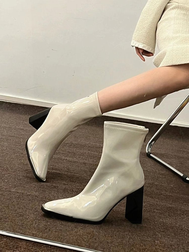 Kendall Jenner Style Short Boots for Women2023New Autumn Winter Square Toe Patent Leather Chunky Heel Short Slimming High Heel Boots