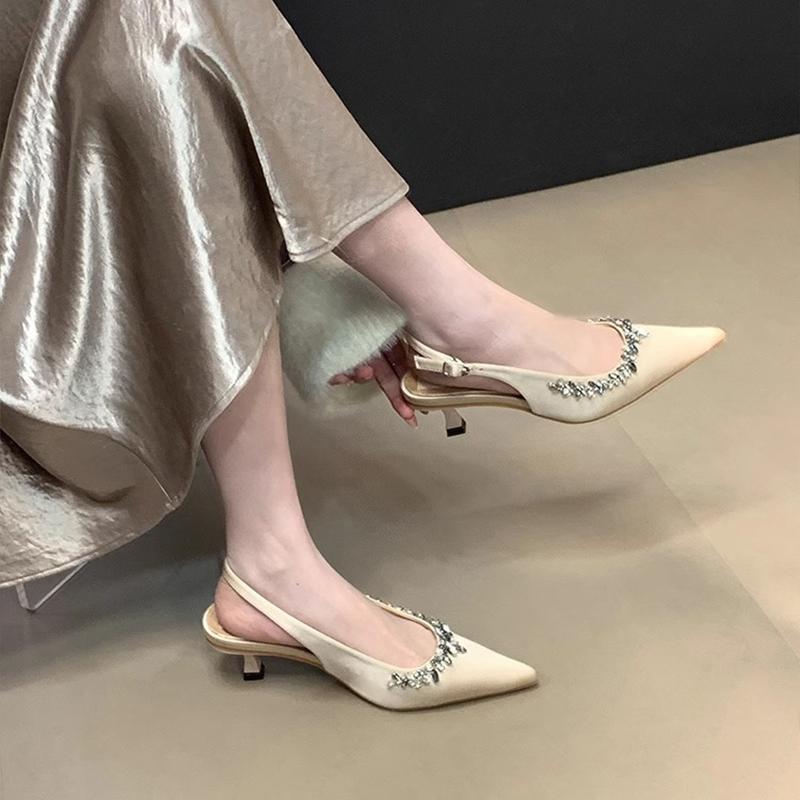 Women's Sandals2025Spring New Women's Shoes Backless Rhinestone Closed-Toe High Heels Pointed Toe Stiletto Bridesmaid Wedding Shoes
