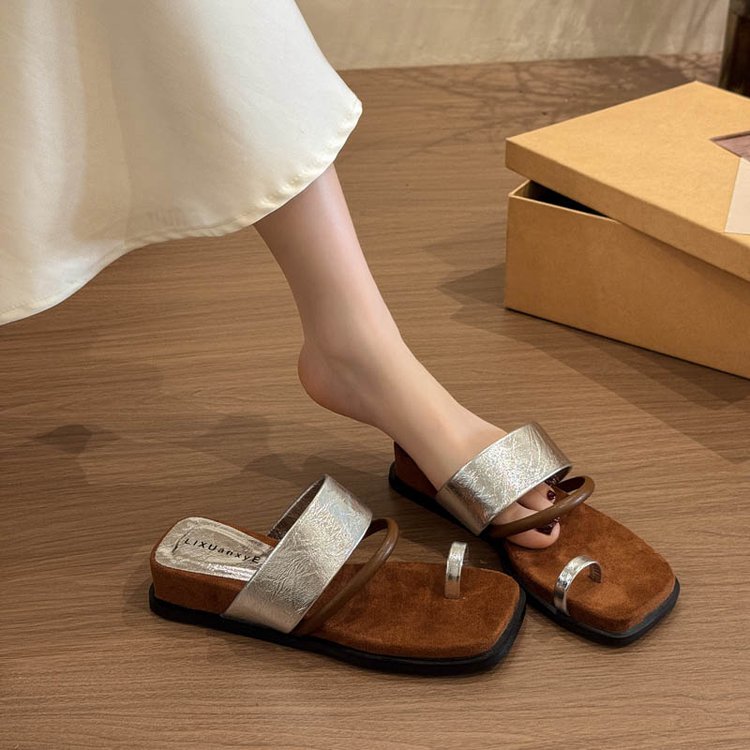 Rubber PU Medium Heel Flat Toe Slippers
