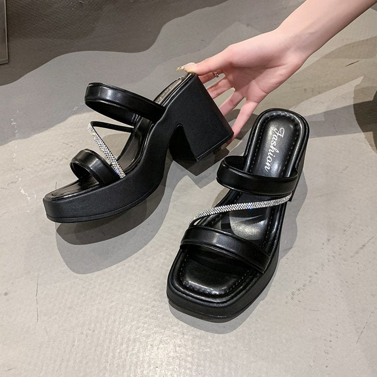 Solid Color Rubber Chunky Heel PU High Heel Slippers