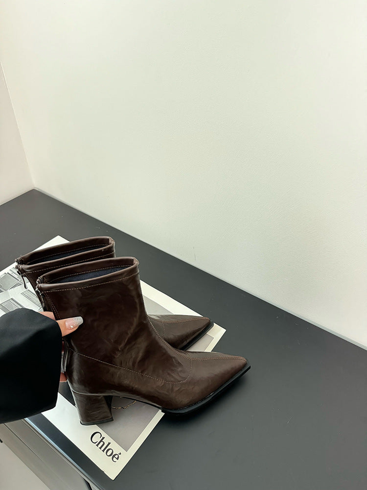 Pointed Toe Short Boots for Women2024New Autumn Winter Women's Boots Niche Slim Boots Design Sense Chunky Heel High Heel Short Boots