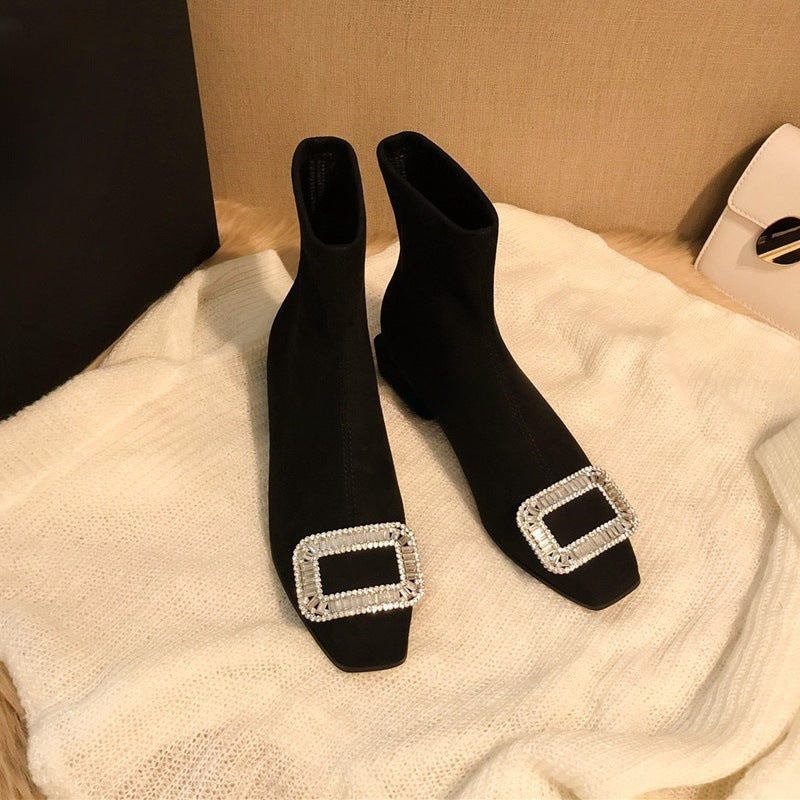 Square Buckle Rhinestone Elastic Sock Boots for Women, Low Heel, Chunky Heel, Black Square Toe Short Boots, Suede Slim Boots for Women
