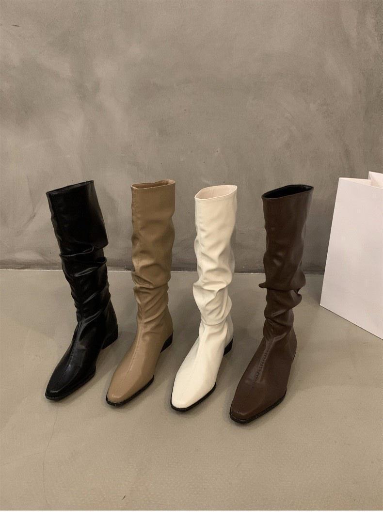 Chunky Heel Ruched Slouchy Long Tube Riding Boots for Women2024New Spring and Autumn Western Slim Mid-Calf Long Boots