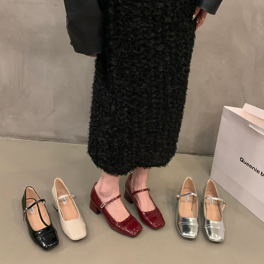 Women's Red Chunky Heel Shoes2023 New Summer Mid-High Heels silver Mary Jane Shoes for Dresses Evening Shoes