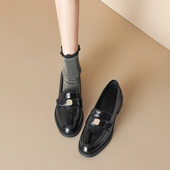 Left Bank Paris~!Chunky Heel British Style Gold Buckle Loafers for Women, Patent Leather Black Single Shoes