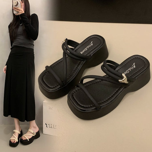 Solid Color Platform Sole Slippers PU Rubber mid-heel(3-5cm)