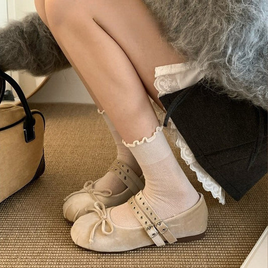 Soft Sole Version~Gentle Evening Breeze Gray One-Strap Mary Jane Shoes for Women Spring and Autumn Ballet Flats Flat Granny Shoes