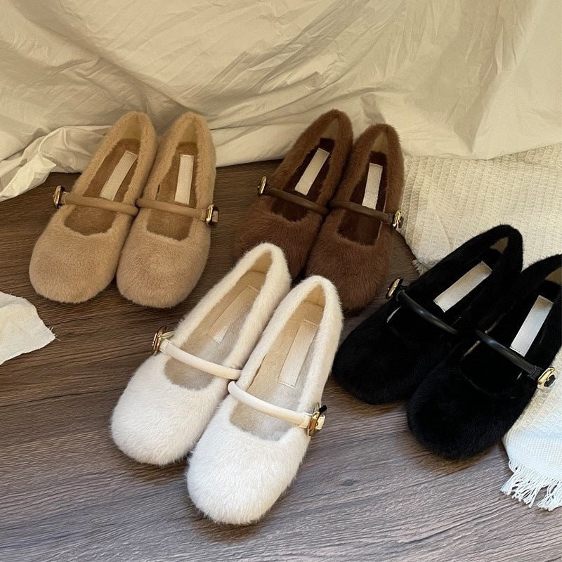 Fairy Style Internal Height Increase5cm Mary Jane Furry Shoes for Women2024New autumn and winter plush single shoes