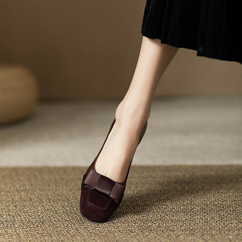 French style color-blocking high heels for women2024Spring and Autumn New Style Chunky Heel Bow Retro Mid-Heel Single Shoes