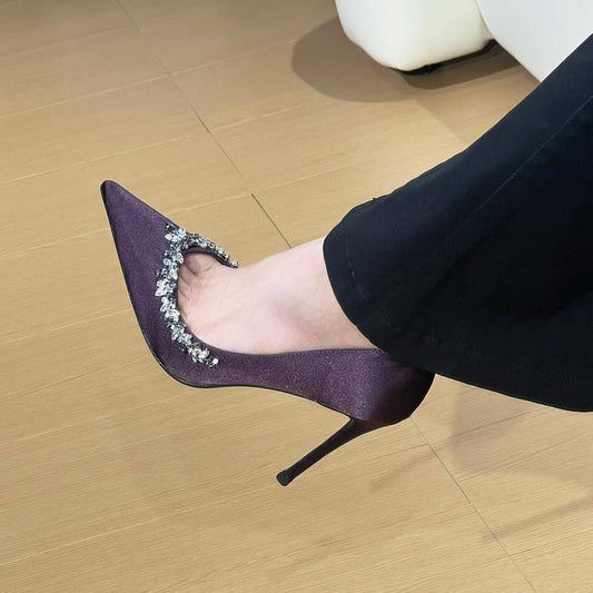 Purple high heels for women with thin heels and pointed toes, decorated with rhinestones V Elegant Socialite Style French Single Shoes2024Winter New