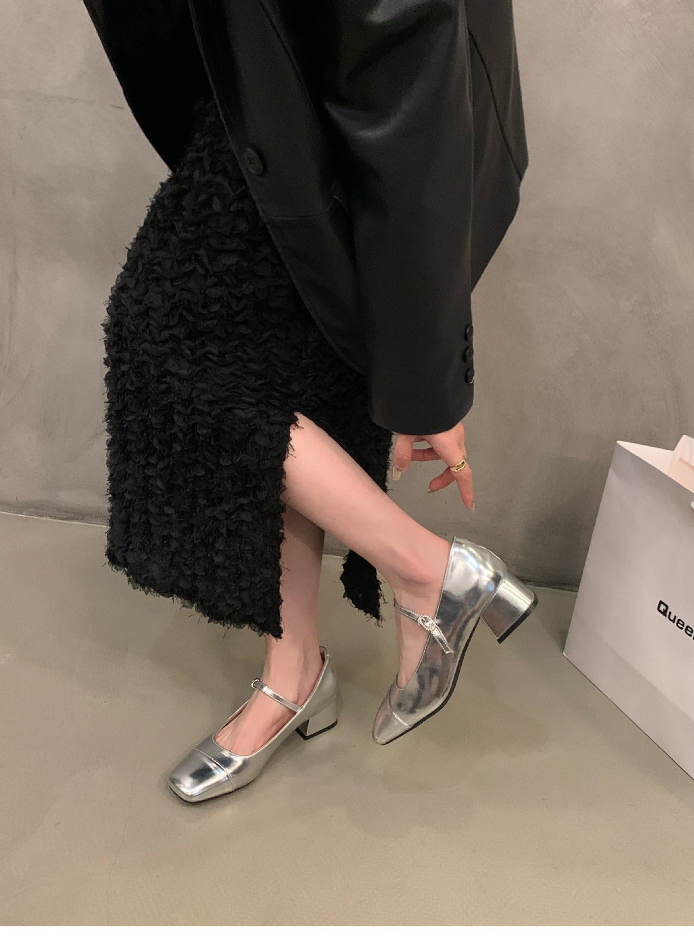 Women's Red Chunky Heel Shoes2023 New Summer Mid-High Heels silver Mary Jane Shoes for Dresses Evening Shoes