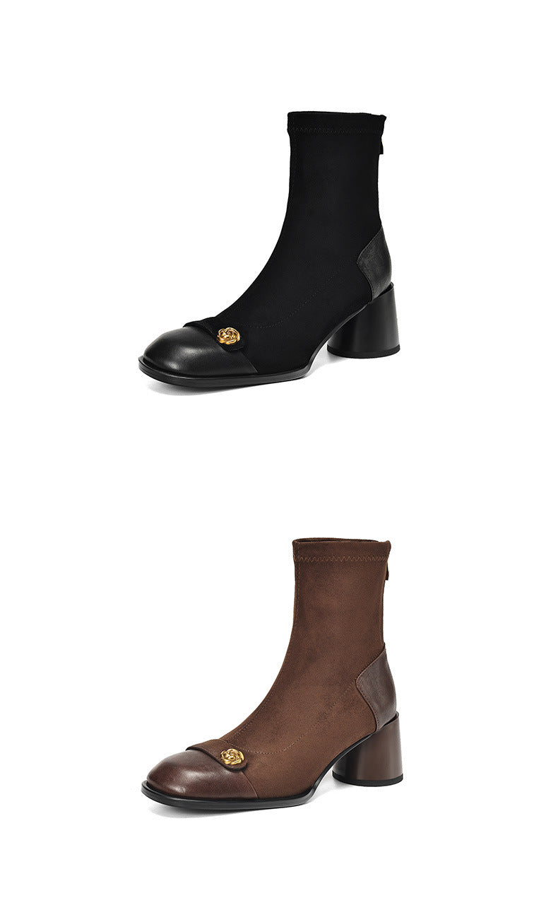 Patchwork Suede Camellia High Heel Chunky Heel Short Boots for Women Stretch Slim Boots Plus Size