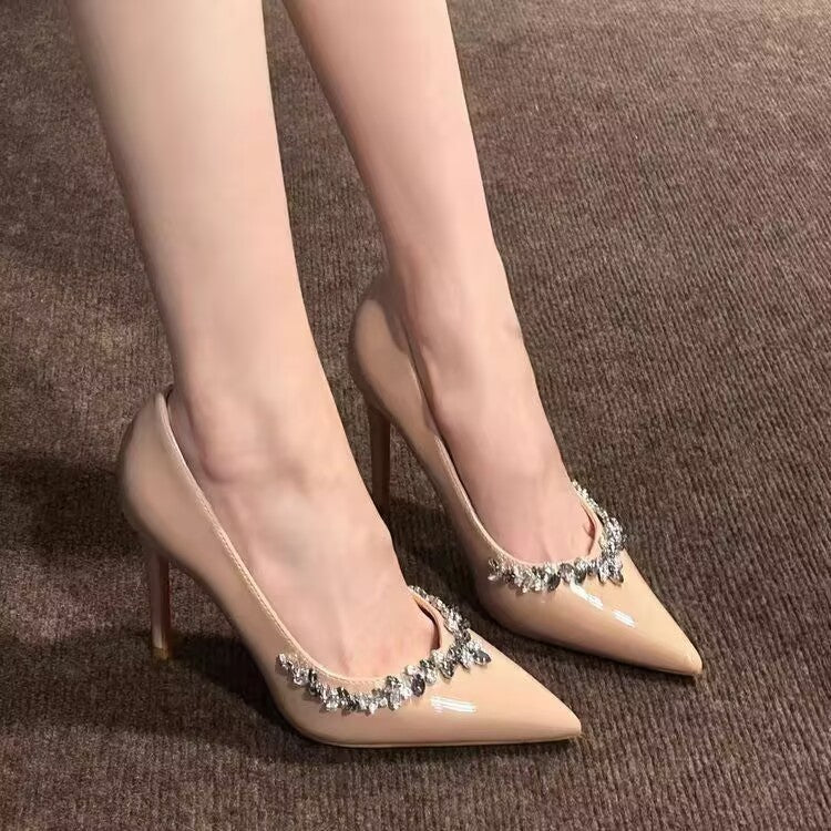 New Purple Stunning Rhinestone High Heels for Women Pointed Satin Sexy Stiletto Comfortable Single Shoes