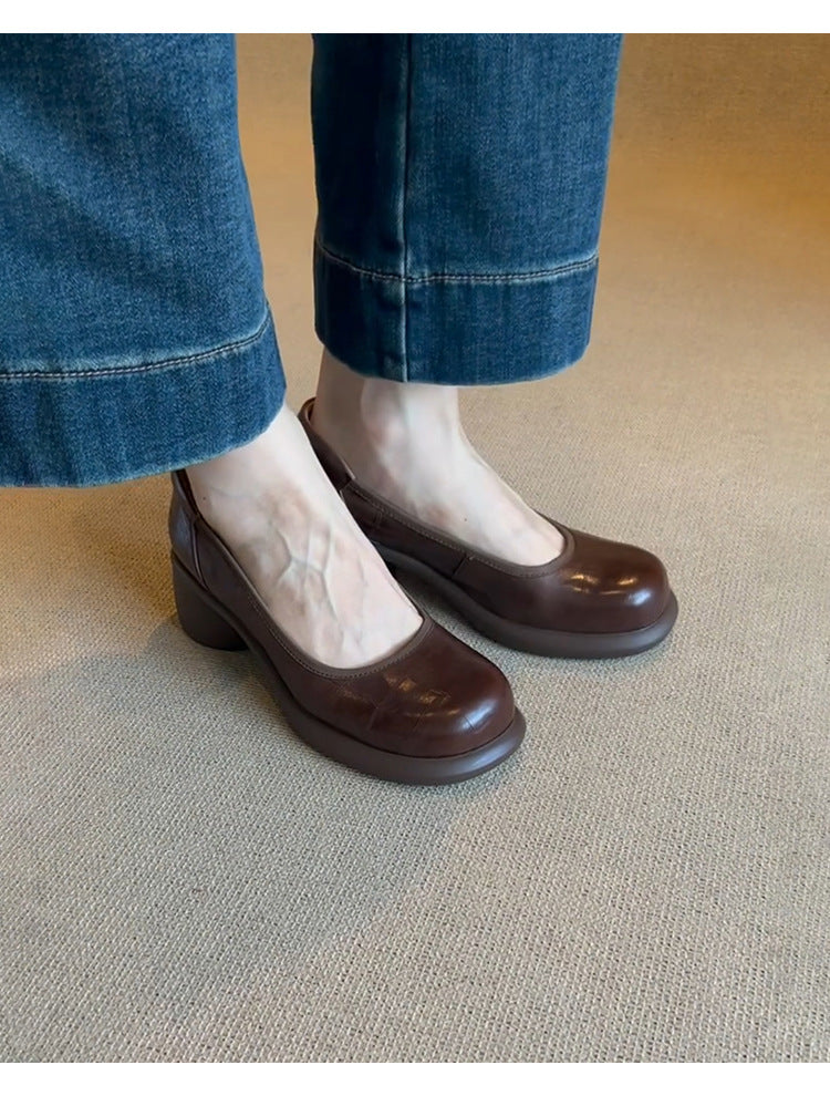Vintage Shallow Mouth Single Shoes for Women, Round Toe, Chunky Heel, Slip-On Mary Jane Shoes, British Style Small Leather Shoes