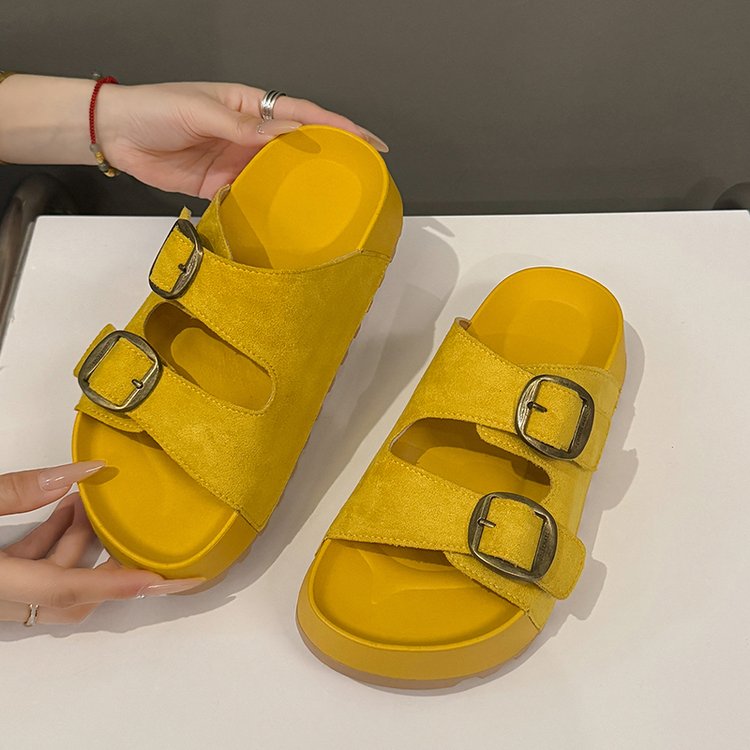 Solid Color Rubber Mid Heel(3-5cm)Platform Sole Suede Slippers