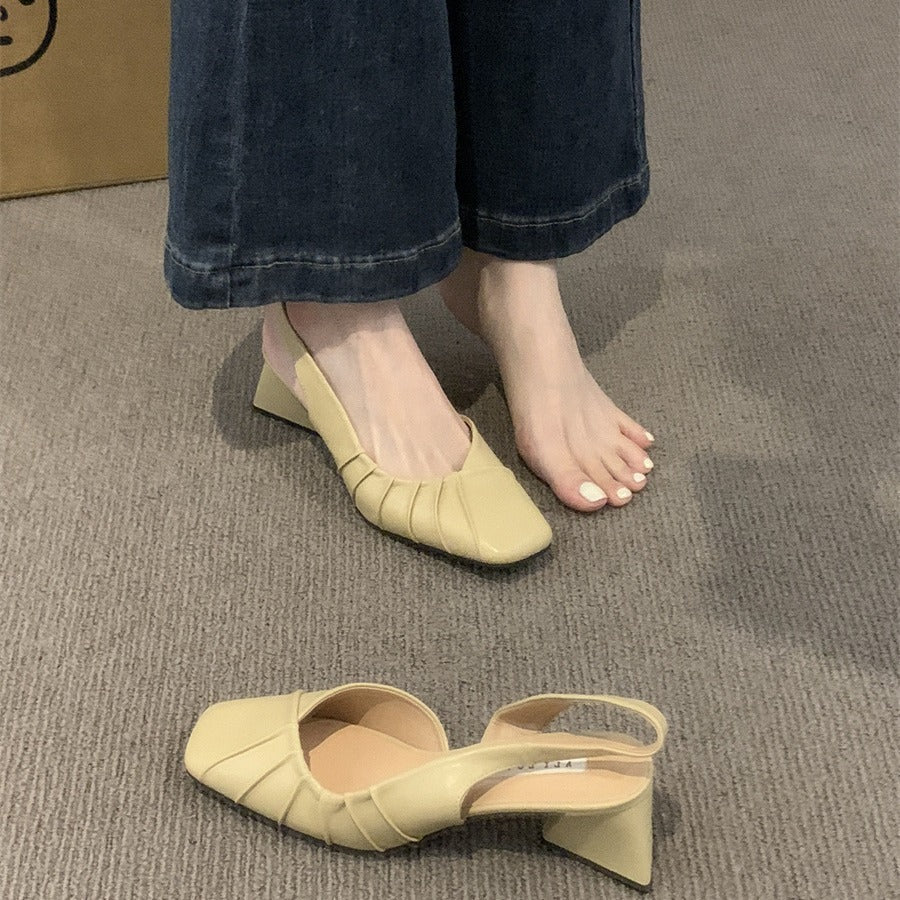 2024Spring Summer New High Heel Closed Toe Backless Sandals Women's Shoes Chunky Heel Shallow Mouth French Gentle Style Single Shoes Women's Shoes
