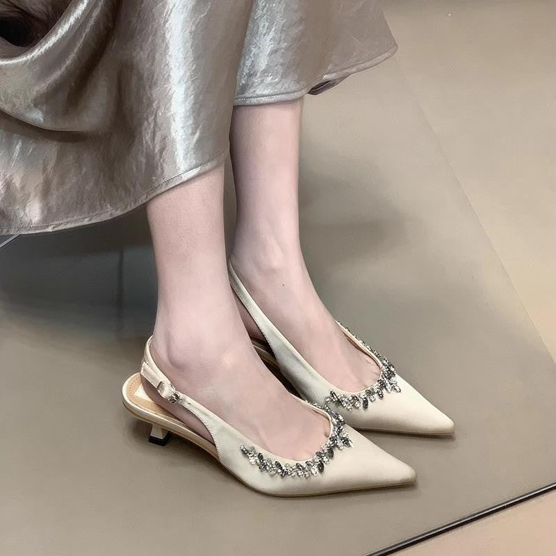 Women's Sandals2025Spring New Women's Shoes Backless Rhinestone Closed-Toe High Heels Pointed Toe Stiletto Bridesmaid Wedding Shoes