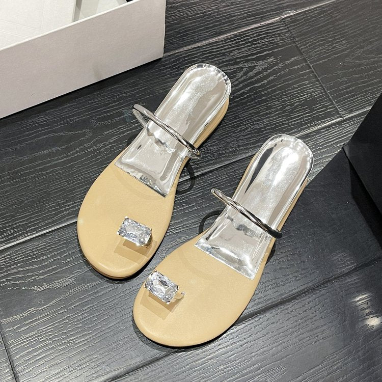 PU Square Heel Low Heel Slippers Rubber Toe